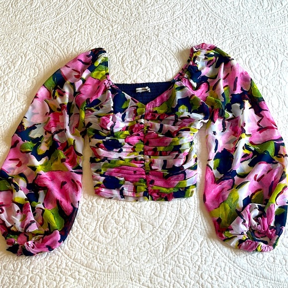 Abercrombie & Fitch Top Sweetheart Neckline Long Sleeves Pink Floral Small Crop - Picture 7 of 17